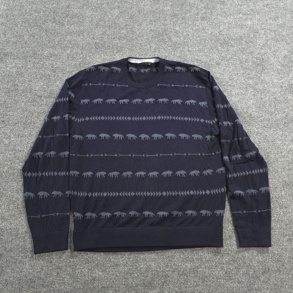 Greyson Sweater Mens XL Blue Merino Wool Silk Cashmere Wolf Print Crew Knit Golf